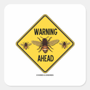 Sticker Carré Avertissement Abeilles devant trois abeilles Jaune