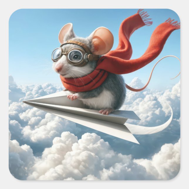 Sticker Carré Aviateur Souris Piloter un avion en papier (Devant)