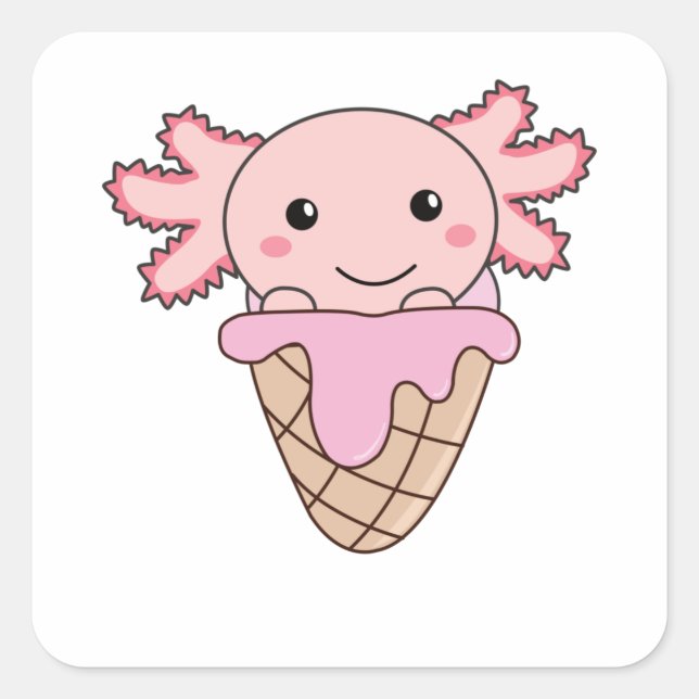 Sticker Carré Axolotl Crème de glace rose gaufre Animaux doux (Devant)