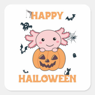 Sticker Carré Axolotl In Pumkin Sweet Axolotls Happy Halloween