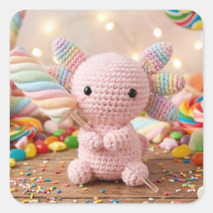 Sticker Carré Axolotl Rose Crocheté Bonbon Pastel