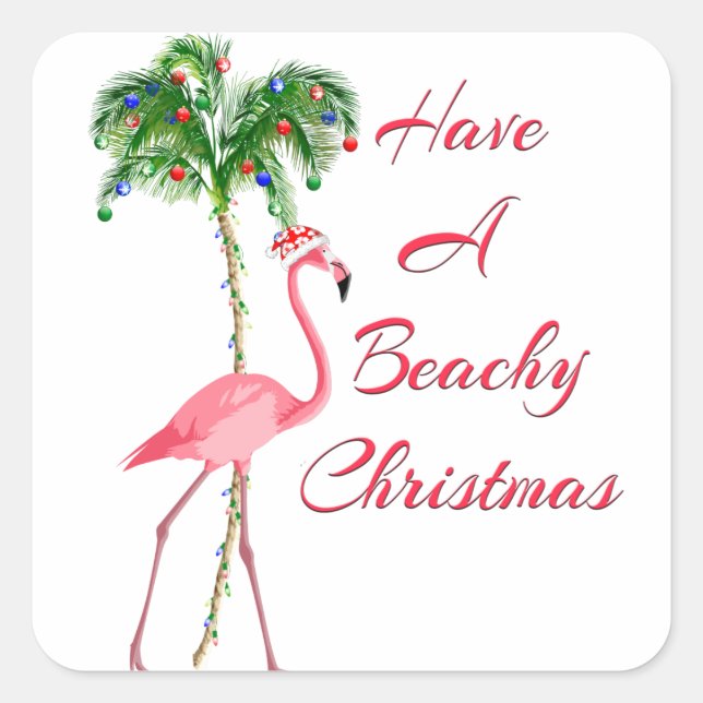 Sticker Carré Ayez Un Flamant rose De Noël En Plage (Devant)