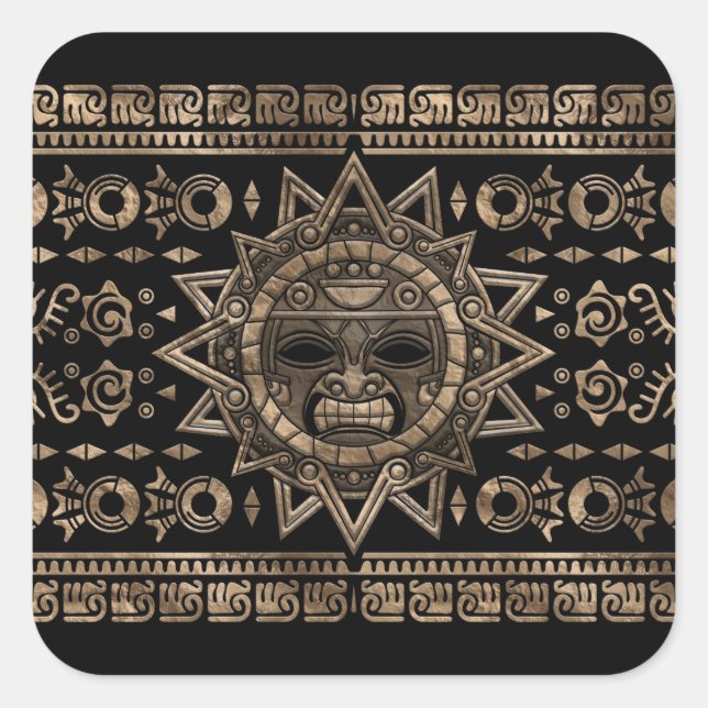 Sticker Carré Aztec Soleil Dieu Or et Noir (Devant)