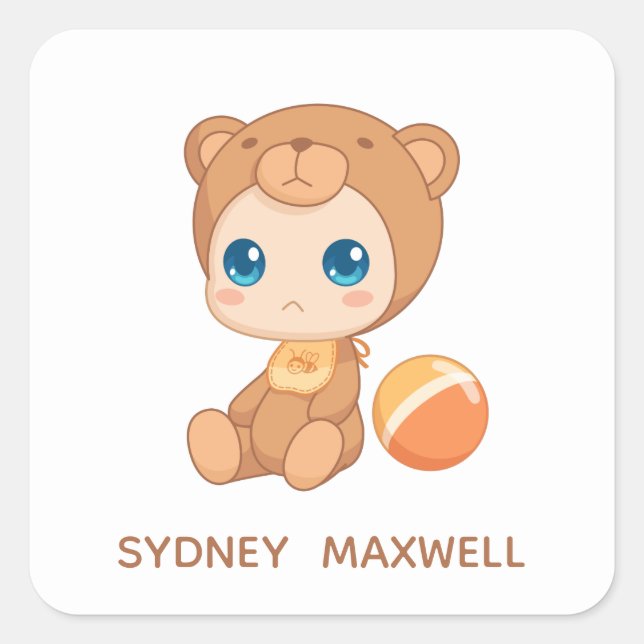 Sticker Carré Baby Boy Girl Bear Jumpsuit Nom personnalisé (Devant)