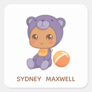Sticker Carré Baby Boy Girl Purple Bear Jumpsuit Nom personnalis