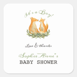 Sticker Carré Baby Boy Sweet Fox Woodland Baby shower