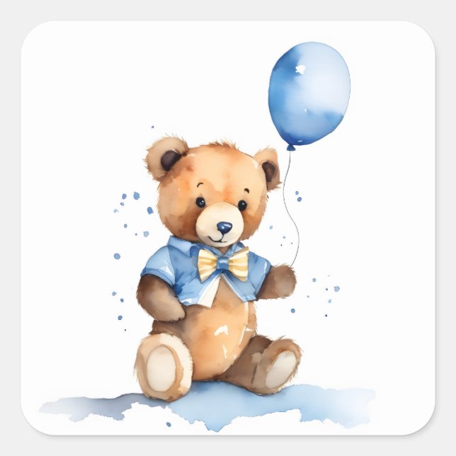 Sticker Carré Baby Boy Teddy Bear With Blue Balloon (Devant)