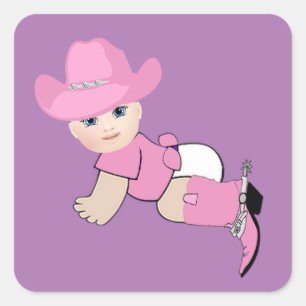 Sticker Carré Baby Cowgirl avec Casquette rose et bottes