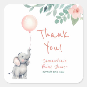 Sticker Carré Baby Elephant Baby shower rose Merci Favor