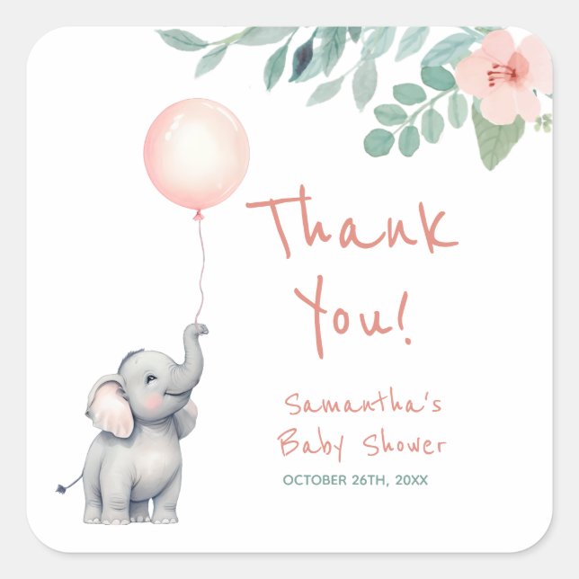 Sticker Carré Baby Elephant Baby shower rose Merci Favor (Devant)