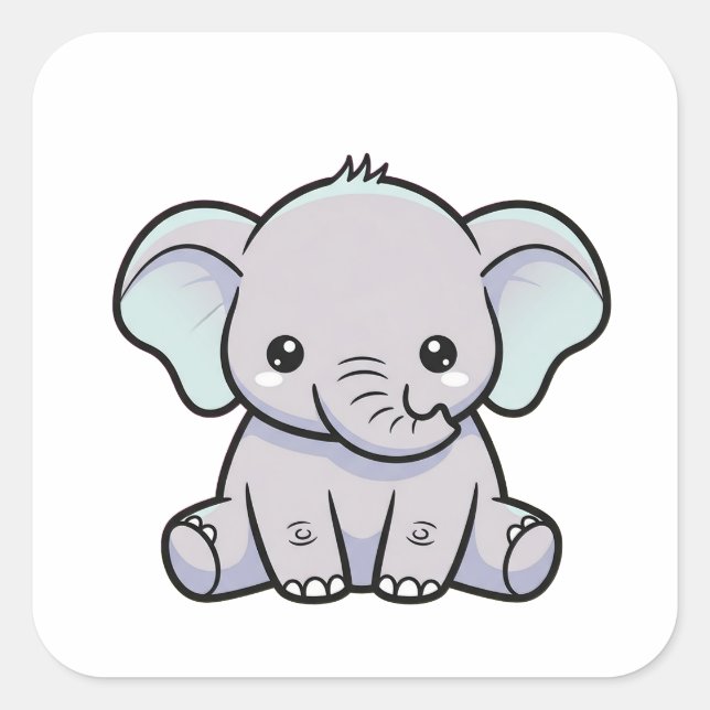 Sticker Carré Baby Elephant – Cute Kawaii Illustration (Devant)