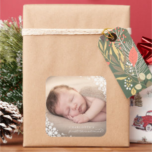 Sticker Carré Baby First Christmas Winter Snowflakes Photo Naiss