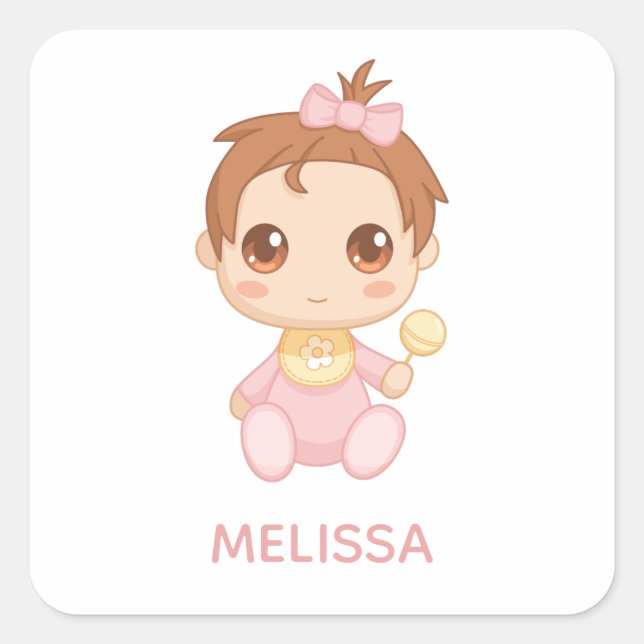 Sticker Carré Baby Girl Pink Jumpsuit Nom personnalisé (Devant)