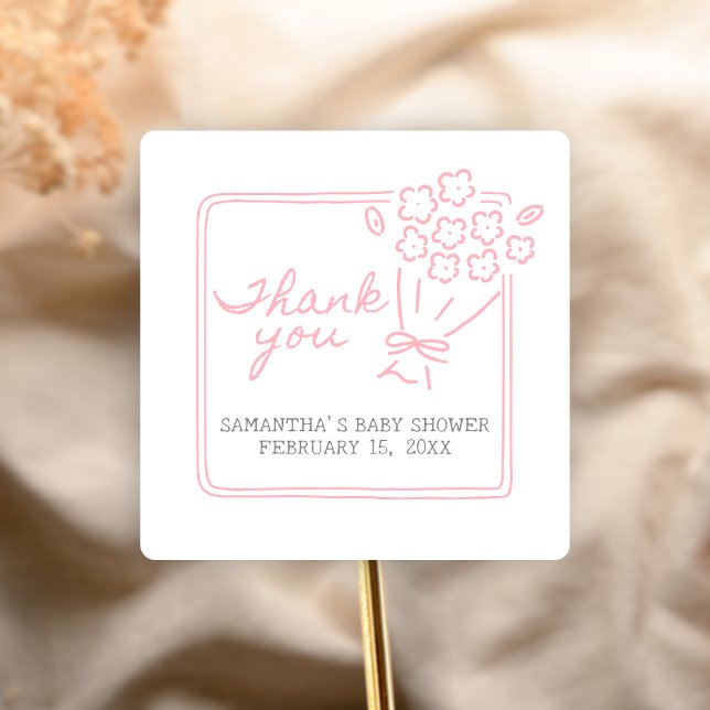 Sticker Carré Baby In Bloom Baby Shower (Hand Drawn Baby in Bloom Baby Shower Sticker)