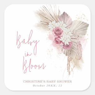 Sticker Carré Baby In Bloom Boho Baby shower Rose