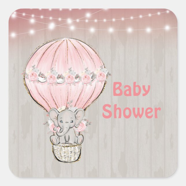 Sticker Carré Baby shower à air chaud rose mignon Elephant Sq (Devant)