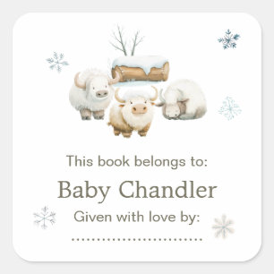 Sticker Carré Baby shower à la vache arctique d'hiver