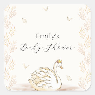 Sticker Carré Baby shower à papillon de cygne Gold Elegance