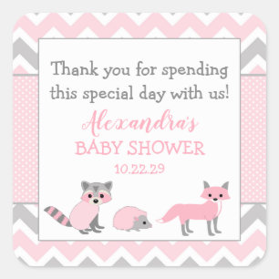 Sticker Carré Baby shower animal boisé rose favoriser autocollan