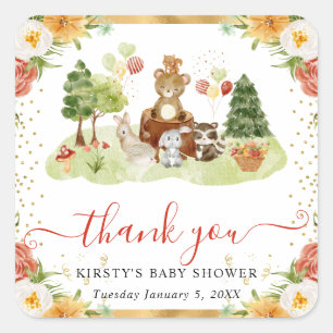 Sticker Carré Baby Shower Animaux de la Forêt à l'Aquarelle