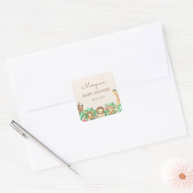 Sticker Carré Baby shower Animaux Safari mignons (Enveloppe)