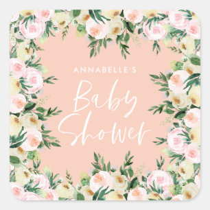 Sticker Carré Baby shower aquarelle pêche girly script floral