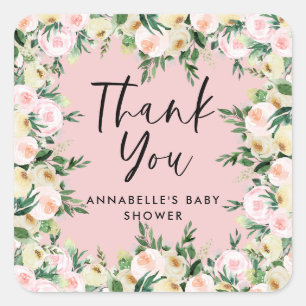 Sticker Carré Baby shower aquarelle rose girly floral merci