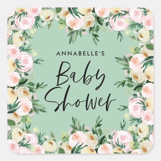 Sticker Carré Baby shower aquarelle vert girly script floral (Devant)