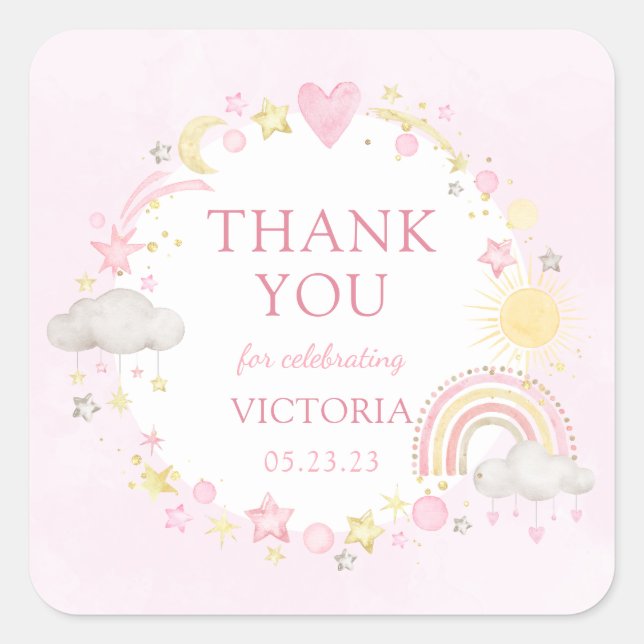 Sticker Carré Baby shower arc-en-ciel de la fille aquarelle (Devant)