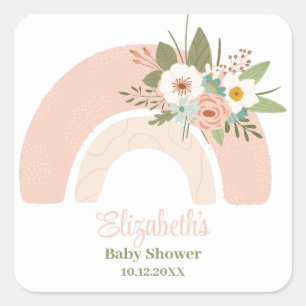 Sticker Carré Baby shower arc-en-ciel rose