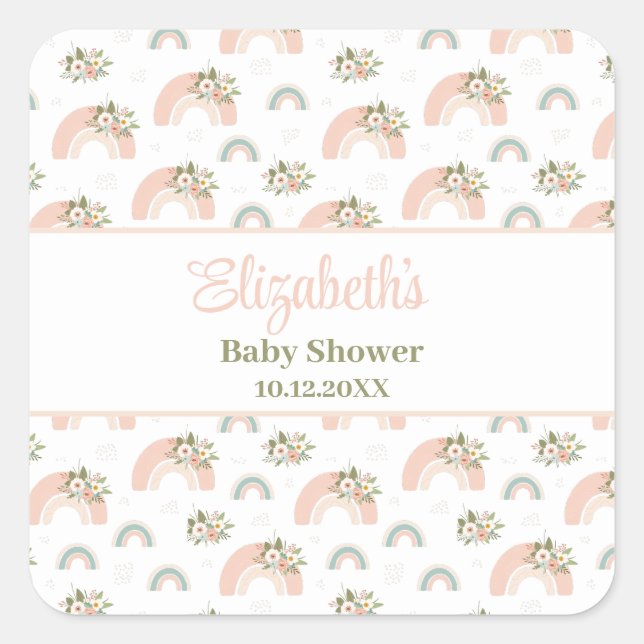 Sticker Carré Baby shower arc-en-ciel rose (Devant)