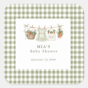 Sticker Carré Baby Shower au Gingham Sauge Cultivé Localement 