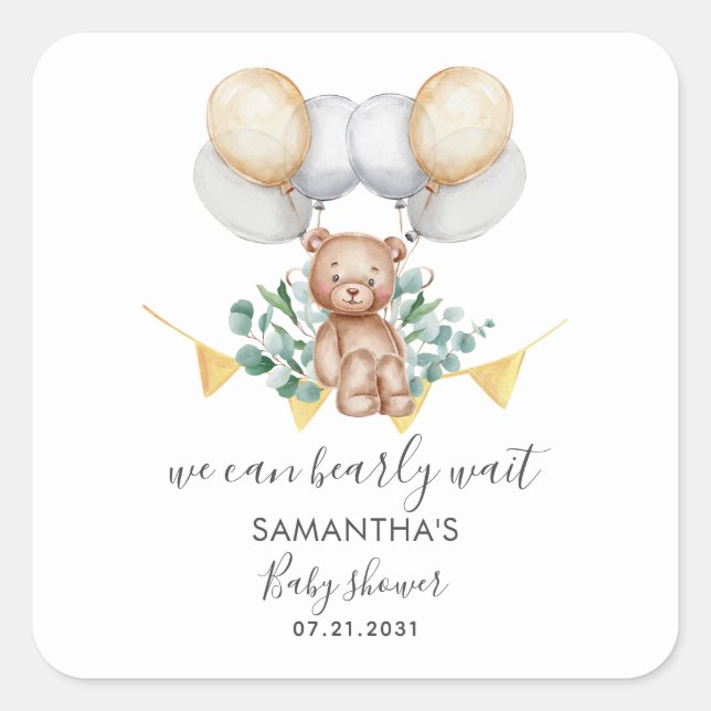 Sticker Carré Baby Shower au thème ours et eucalyptus manuscrit (Devant)