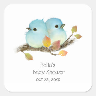 Sticker Carré Baby shower aux oiseaux bleus mignons