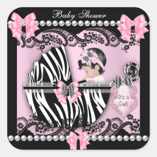 Sticker Carré Baby Shower Bébé Fille Mignon Zèbre Rose Dentelle
