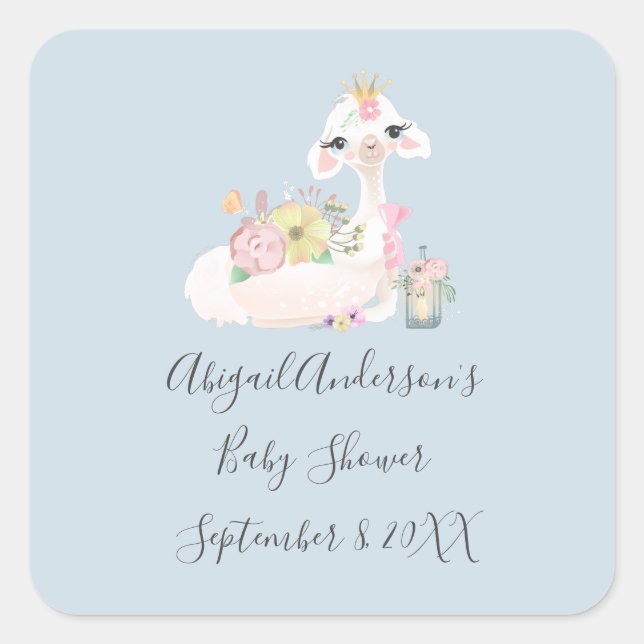 Sticker Carré Baby shower bébé Llama bleu et blanc (Devant)