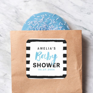 Sticker Carré Baby shower Bleu chic noir & blanc rayures