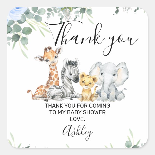 Sticker Carré Baby shower bleu Floral Safari Merci (Devant)