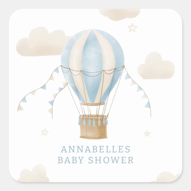 Sticker Carré Baby shower bleu montgolfière aventure (Devant)