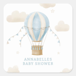 Sticker Carré Baby shower bleu montgolfière aventure