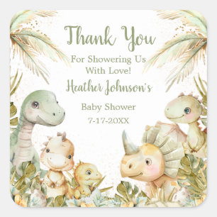Sticker Carré Baby Shower Bohème Neutre Dinosaure