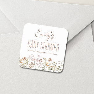 Sticker Carré Baby shower Boho Fleur sauvage En Terracotta En Fl