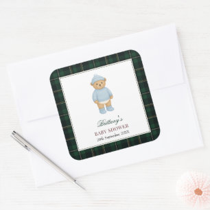 Sticker Carré Baby Shower carreaux classique ours préparé design