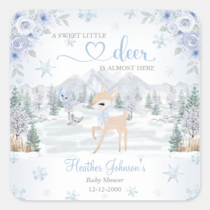 Sticker Carré Baby Shower Cerf Bleu Flocon de Neige Hiver