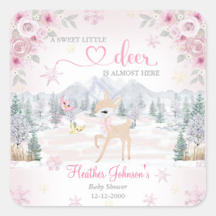 Sticker Carré Baby Shower Cerf Rose Flocon de Neige Hiver