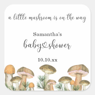 Sticker Carré Baby shower champignons de forêt aquarelle