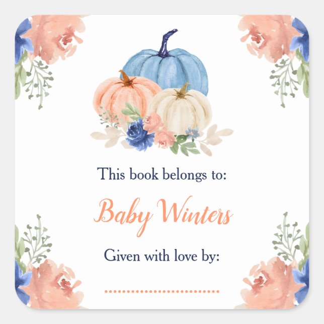 Sticker Carré Baby shower Citrouille bleu et bleu marine (Devant)