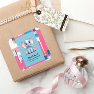 Sticker Carré Baby shower coloré Jungle Blue Elephant