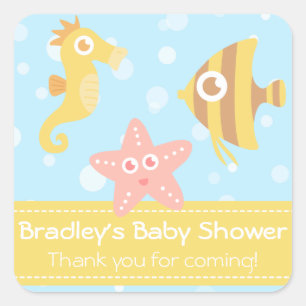 Sticker Carré Baby Shower : Créatures de dessin animé kawaii sou