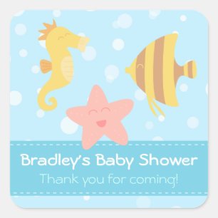 Sticker Carré Baby Shower : Créatures de dessin animé sous-marin